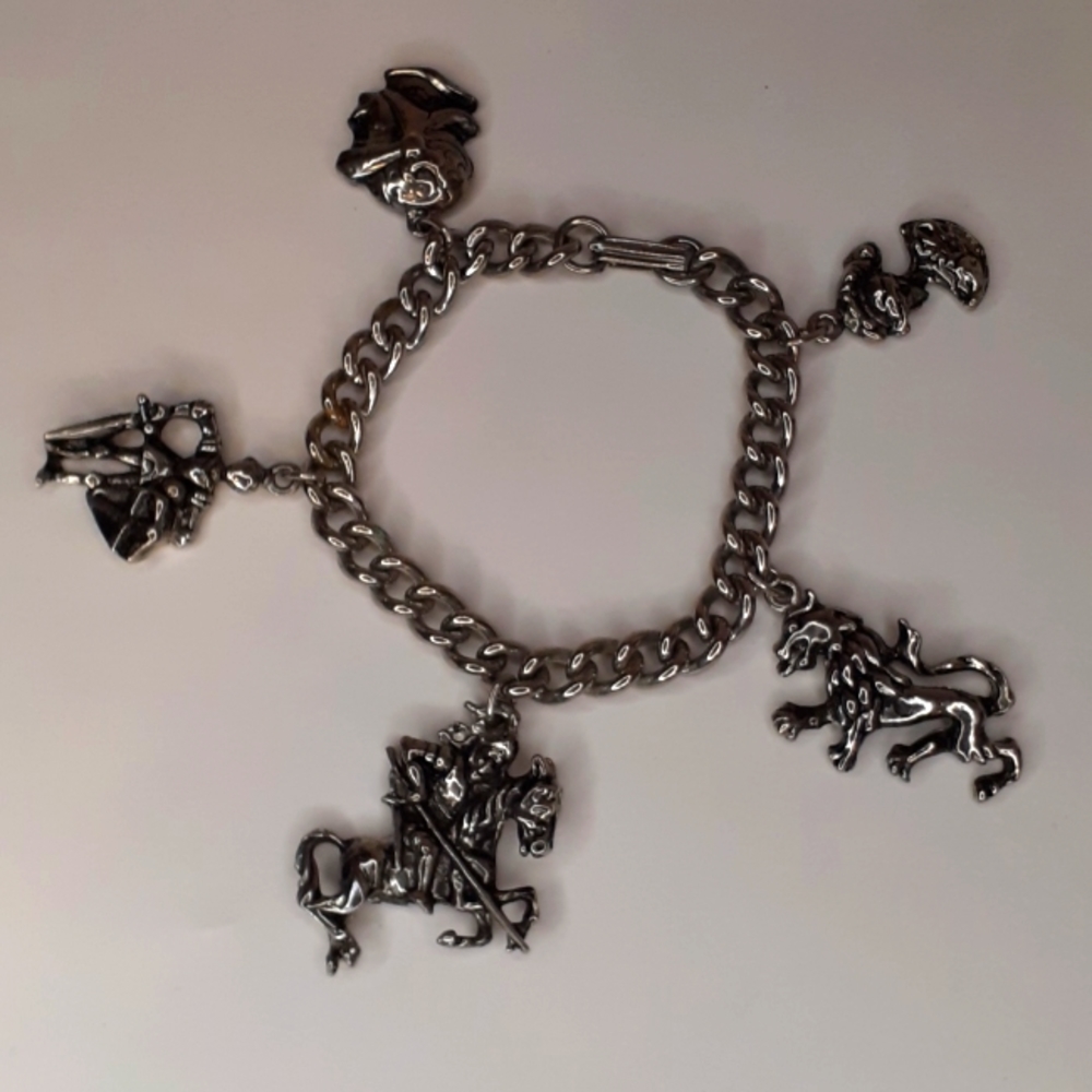 Vintage Silver Medieval Charm Bracelet 7" Long